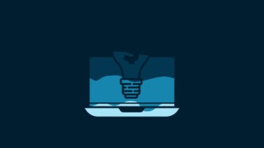 White Business light bulb with dollar on laptop screen icon isolated on blue background. User touch screen. 4K Video motion graphic animation.