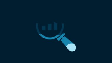 White Magnifying glass and data analysis icon isolated on blue background. 4K Video motion graphic animation.