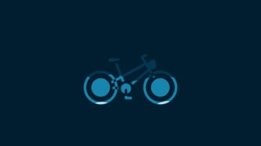 White Bicycle icon isolated on blue background. Bike race. Extreme sport. Sport equipment. 4K Video motion graphic animation.