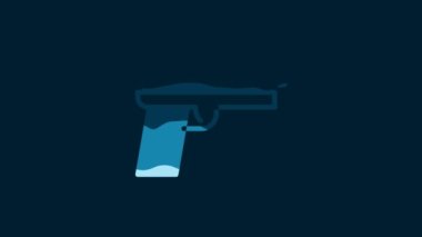 White Pistol or gun icon isolated on blue background. Police or military handgun. Small firearm. 4K Video motion graphic animation.