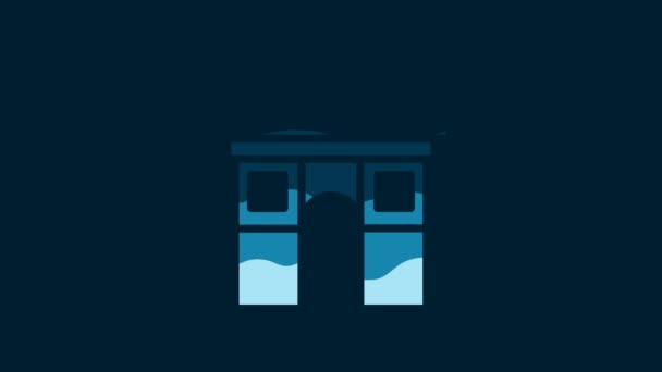 白色胜利拱门图标 蓝色背景隔离 法国巴黎的地标 4K视频运动图形动画 — 图库视频影像