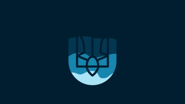 ウクライナのアイコンの白い国民の紋章は 青の背景に隔離されました ウクライナのトライデント 4Kビデオモーショングラフィックアニメーション — ストック動画