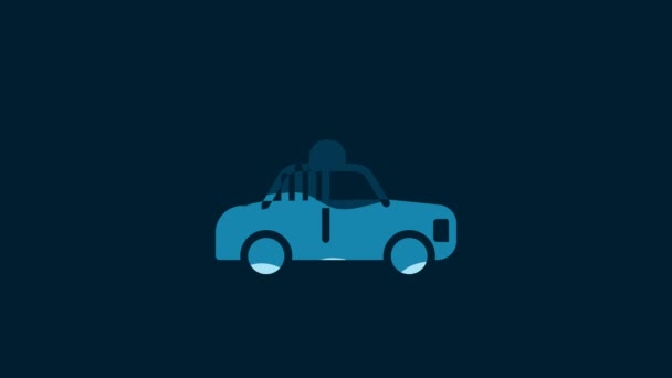 白い警察の車と警察のフラッシャーのアイコンは青の背景に隔離されています 緊急点滅サイレン 4Kビデオモーショングラフィックアニメーション — ストック動画