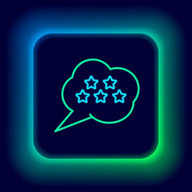 Parlayan neon hattı Beş yıldızlı müşteri ürün değerlendirme simgesi siyah arkaplanda izole edildi. Favori, en iyi derecelendirme, ödül sembolü. Renkli taslak konsepti. Vektör