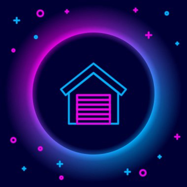 Parlayan neon hattı Garaj simgesi siyah arkaplanda izole edildi. Renkli taslak konsepti. Vektör