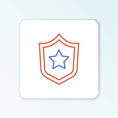 Çizgi polisi rozet simgesi beyaz arka planda izole edildi. Şerif rozeti. Yıldız sembollü kalkan. Renkli taslak konsepti. Vektör