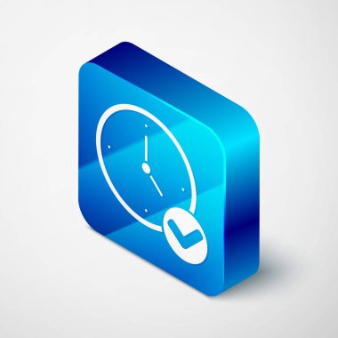 Gri arkaplanda Isometric Saat simgesi izole edildi. Zaman sembolü. Mavi kare düğme. Vektör.