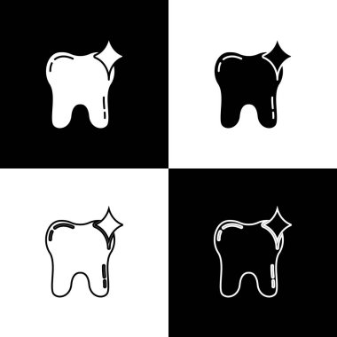 Diş beyazlatma konsepti simgesini siyah ve beyaz arkaplanda izole et. Diş hekimliği kliniği ya da diş hekimliği merkezi için diş sembolü. Vektör.