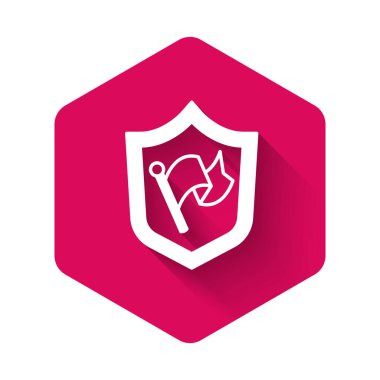 White Shield with flag icon isolated with long shadow background. Victory, winning and conquer adversity concept. Pink hexagon button. Vector