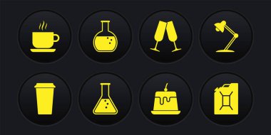 Set Coffee cup, Table lamp, Test tube and flask, Pudding custard, Glasses champagne and icon. Vector