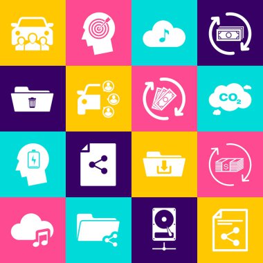 Set Share file, Refund money, CO2 emissions in cloud, Music streaming service, Car sharing and Delete folder icon. Vector