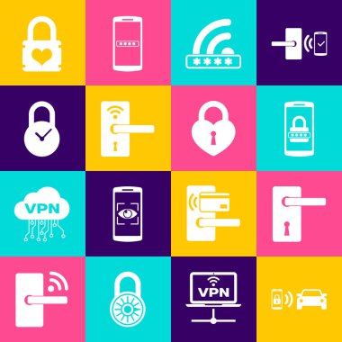 Set Smart car alarm system, Door handle, Mobile password, Wifi locked, Digital door with wireless and Padlock clock icon. Vector