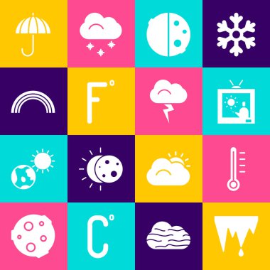 Set Icicle, Meteorology thermometer, Weather forecast, Eclipse of sun, Fahrenheit, Rainbow, Umbrella and Storm icon. Vector