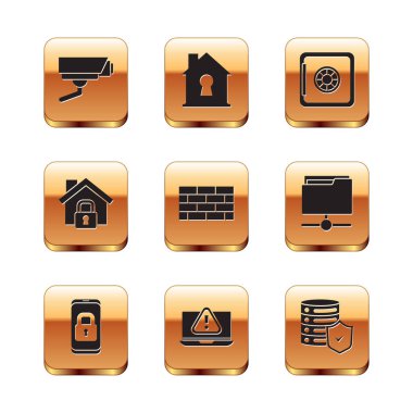 Set Security camera, Mobile with closed padlock, Laptop exclamation mark, Firewall, security wall, House under protection, Safe, Server shield and  icon. Vector