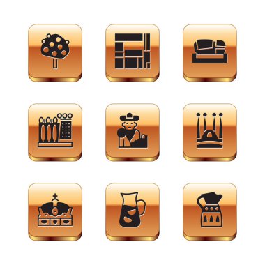 Set Orange tree, Crown of spain, Sangria, Bullfight, matador, Dali museum, Stadium Mestalla, pitcher and House Edificio Mirador icon. Vector