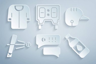 Set Speech bubble chat baseball, Baseball helmet, bat with, Bottle of water, mechanical scoreboard and t-shirt icon. Vector