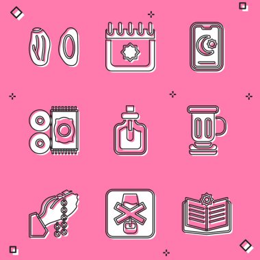 Set Date fruit, Ramadan calendar, Star and crescent, Traditional carpet, Perfume, Medieval goblet, Hands in praying position and No alcohol icon. Vector