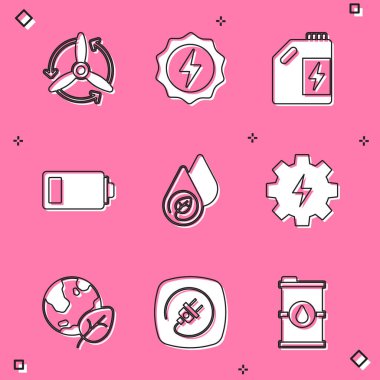 Set Wind turbine, Lightning bolt, Eco fuel canister, Battery, Water energy, Gear and lightning, Earth globe leaf and Electric plug icon. Vector