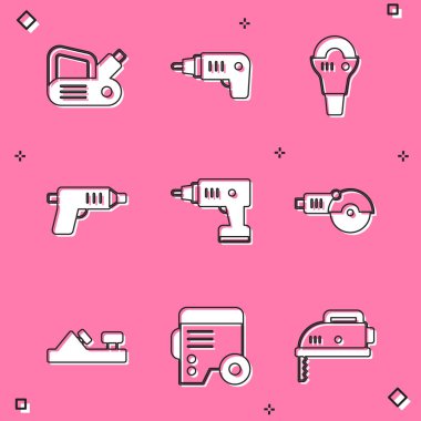 Set Electric planer tool, cordless screwdriver, Angle grinder, Wood and Power electric generator icon. Vector