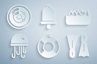 Set Lifebuoy, Sharp stone reefs, Jellyfish, Flippers for swimming, Ship bell and Radar with targets icon. Vector