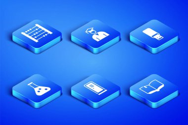 Set Open book, Abacus, Locker or changing room, Test tube, Graduate and graduation cap and USB flash drive icon. Vector