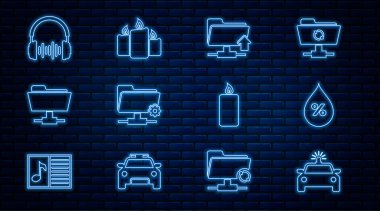 Set line Police car and flasher, Water drop percentage, FTP folder upload, settings, Headphone sound waves, Burning candle and candles icon. Vector