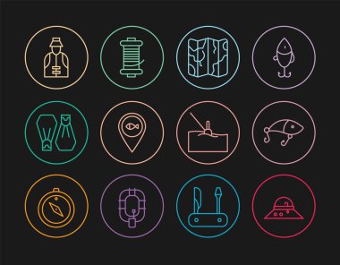 Set line Fisherman hat, Fishing lure, Folded map, Location fishing, Rubber flippers for swimming, float water and Spinning reel icon. Vector