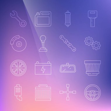 Set line Steering wheel, Car air filter, Gear, Shock absorber, shifter, brake disk with caliper, Wrench spanner and chain icon. Vector