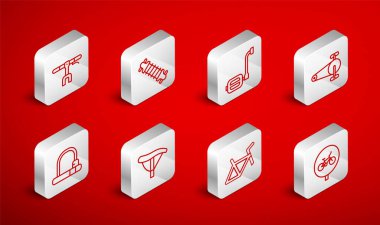 Set line Bicycle, suspension, pedal, chain with gear, frame, handlebar, seat and lock icon. Vector