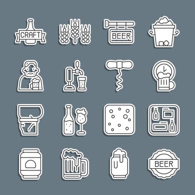 Set line Bottle cap with beer, Beer menu, Happy hour, Street signboard, tap glass, man, bottle and Wine corkscrew icon. Vector