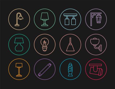 Set line Led track lights and lamps, Wall or sconce, Light bulb, Table, Floor, Chandelier and  icon. Vector