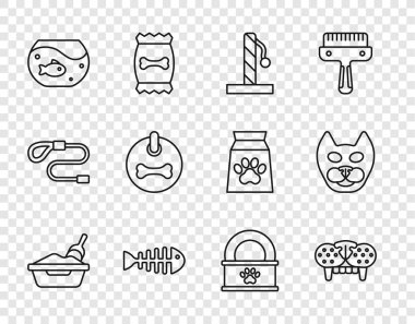 Set line Cat litter tray with shovel, tooth, scratching post, Fish skeleton, Aquarium fish, Dog collar, Canned food and  icon. Vector