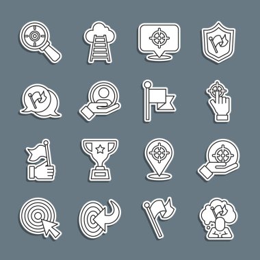 Set line Man holding flag, Target, Hand for search people, Flag, with magnifying glass and  icon. Vector