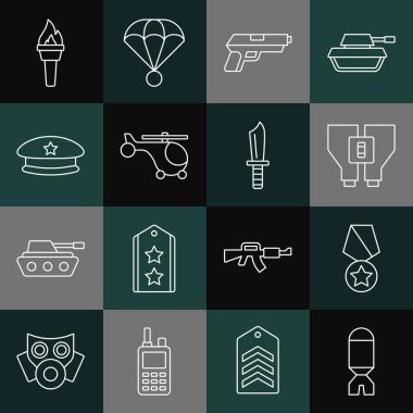 Set line Rocket launcher, Military reward medal, Binoculars, Pistol or gun, Helicopter, beret, Torch flame and knife icon. Vector