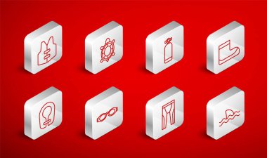 Set line Shark, Turtle, Aqualung, Boots, Wetsuit for scuba diving, Life jacket, Glasses swimming and  icon. Vector