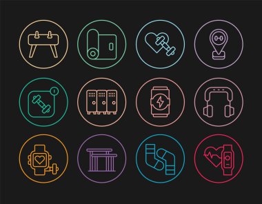 Set line Smart watch with heart, Headphones, Dumbbell, Locker or changing room, Fitness app, Pommel horse, Energy drink and mat roll icon. Vector