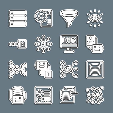 Set line Neural network, Server, Data, Artificial intelligence robot, Funnel filter, Binary code,  and Algorithm icon. Vector