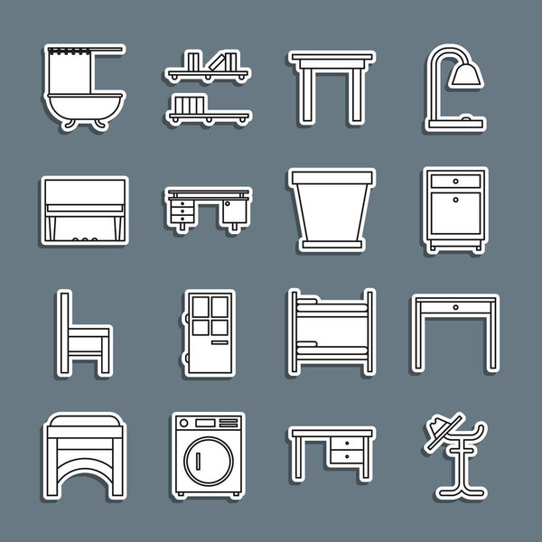 Set line Coat stand, Wooden table, Furniture nightstand, Office desk, Grand piano, Bathtub with shower curtain and Flower pot icon. Vector