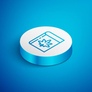 Isometric line Book and marijuana or cannabis leaf icon isolated on blue background. Hemp symbol. White circle button. Vector Illustration.