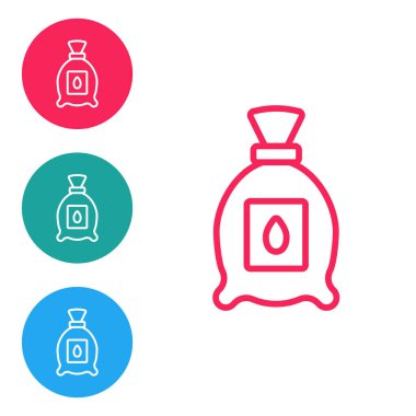 Beyaz arka planda izole edilmiş belli bir bitki simgesinin tohumlarıyla dolu kırmızı çizgi paketi. Simgeleri daire düğmelerine ayır. Vektör