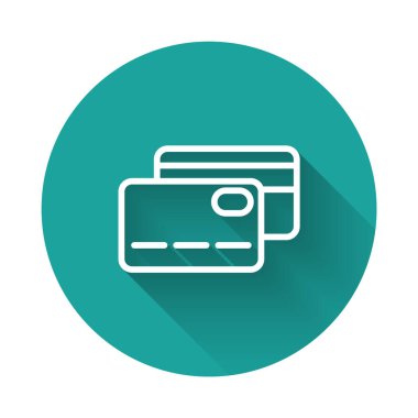 Beyaz çizgi kredi kartı simgesi uzun gölgeli. Çevrimiçi ödeme. Nakit çekilmesi. Finansal operasyonlar. Alışveriş tabelası. Yeşil daire düğmesi. Vektör