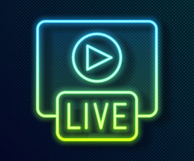 Glowing neon line Live streaming online videogame play icon isolated on black background.  Vector