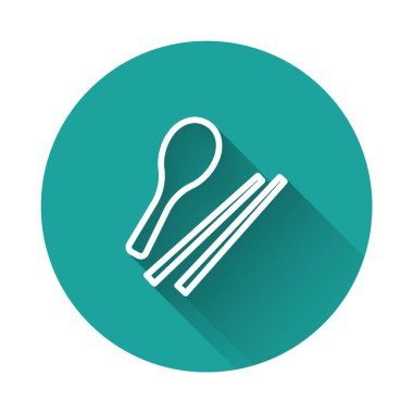 White line Food chopsticks icon isolated with long shadow background. Wooden Korean sticks for Asian dishes. Oriental utensils. Green circle button. Vector