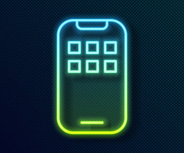 Parlayan neon hattı Mobil Uygulamalar simgesi siyah arkaplanda izole edildi. Ekran simgeli akıllı telefon, uygulamalar. Cep telefonu ekranı görünüyor. Vektör