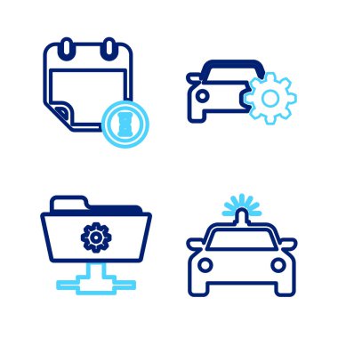 Set line Police car and flasher, FTP settings folder, Car service and Calendar clock icon. Vector