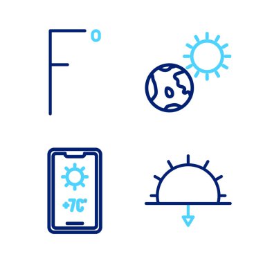 Set line Sunset, Weather forecast, Earth globe and sun and Fahrenheit icon. Vector