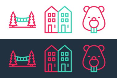 Set line Beaver animal, Capilano Suspension Bridge and House icon. Vector