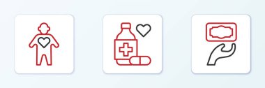 Set line Donation and charity, Volunteer and Medicine bottle pills icon. Vector