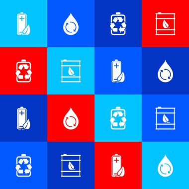 Set Eco nature leaf and battery, Recycle clean aqua, Battery with recycle and Bio fuel barrel icon. Vector.