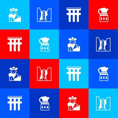 Set Bullfight, matador, Algar waterfall, Aqueduct of Segovia and Sangria pitcher icon. Vector.